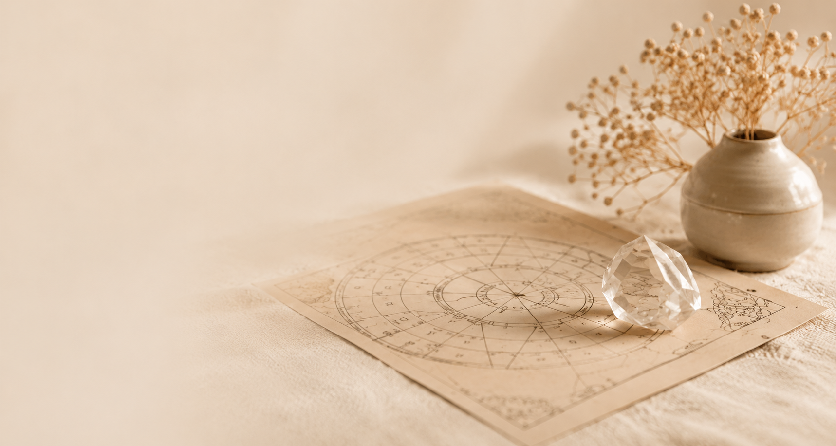 Mesa serena com mapa astrológico, cristal e flores secas